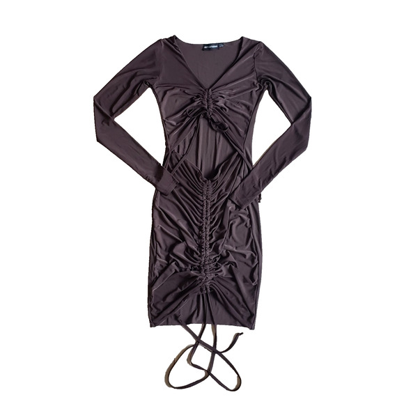 PrettyLittleThing Dress 0 Brown Ruched Front Plunge Bodycon Long Sleeve Mini - Picture 1 of 10